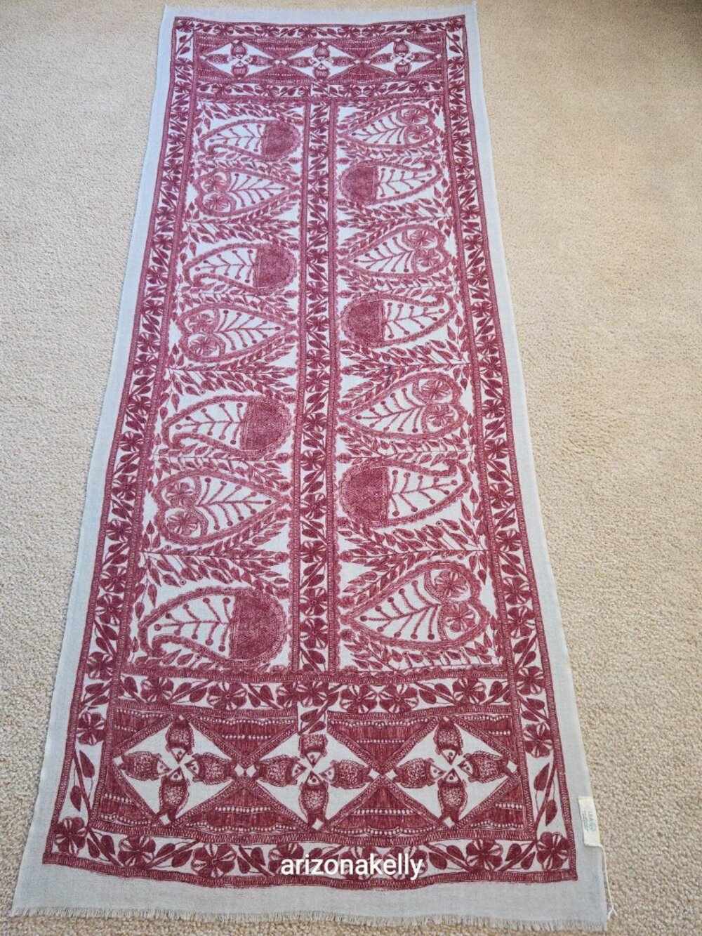 NWOT Lila Wool Lightweight Scarf With Fish Design Burgundy - Picture 8 of 15